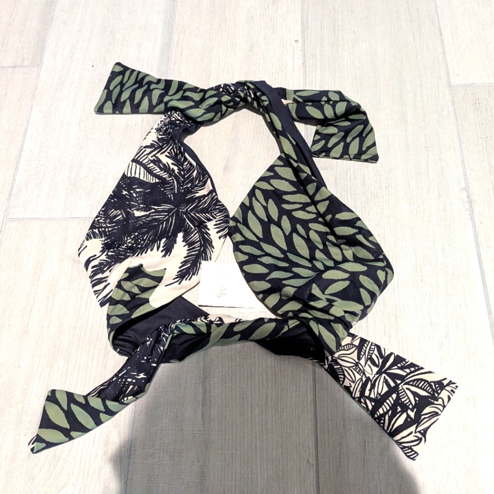 Johanna Ortiz Black and Green Leaf Print Swim Top